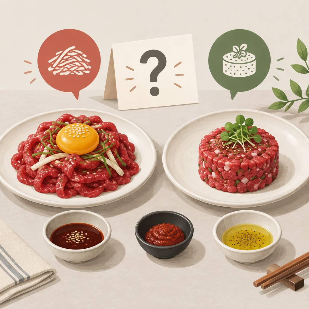 AI 생성 설명 이미지: 안산일동한우 유니드정육식당 | 육회와 타르타르, 이름보다 확인할 조리 맥락