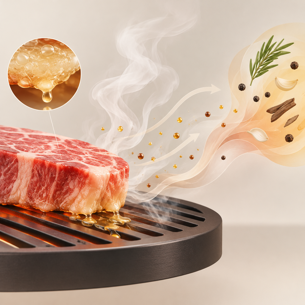 AI 생성 설명 이미지: 안산일동맛집 유니드정육식당 | 고기 지방과 연기는 구이 향을 어떻게 바꿀까?