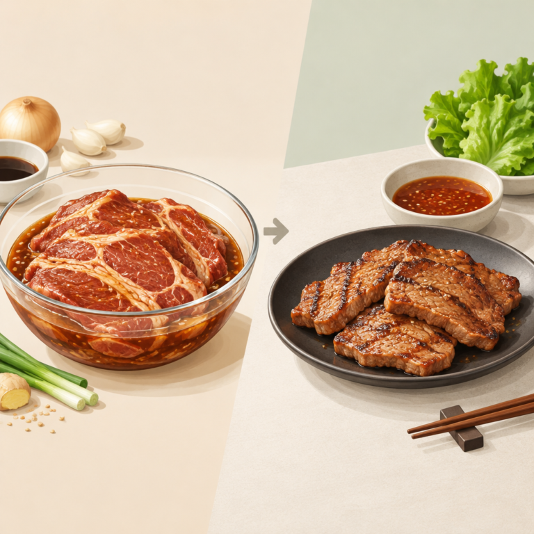 AI 생성 설명 이미지: 안산일동맛집 유니드정육식당 | 양념돼지갈비의 재움과 곁들이는 소스 구분하기